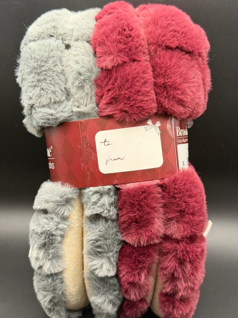 Brookstone Women’s Plush Faux Fur Throw - Gray & Burgundy